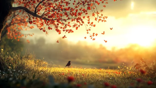 Golden sunrise bathes autumn tree and solitary songbird