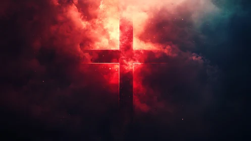 Celestial cross ignites in storm-lit crimson cosmic clouds.