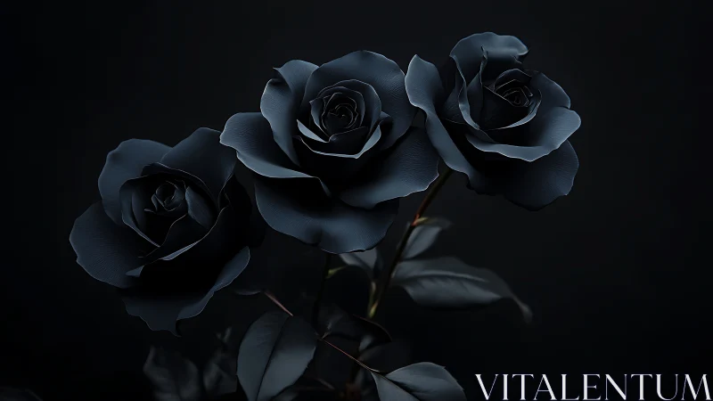 Deep blue roses with matte petal texture rendered in high contrast dramatic lighting