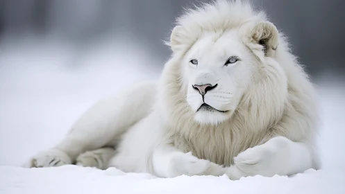 Photorealistic white lion portrait in winter minimalism.