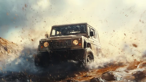 Dynamic 3D off-road SUV charging through mud and spray.