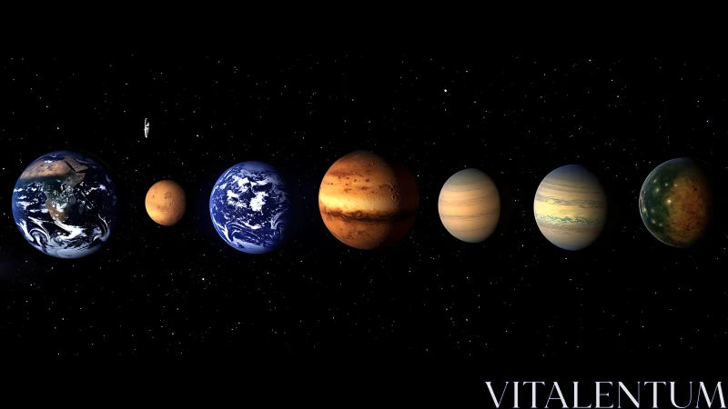 Row of stylized planets align against deep black starfield