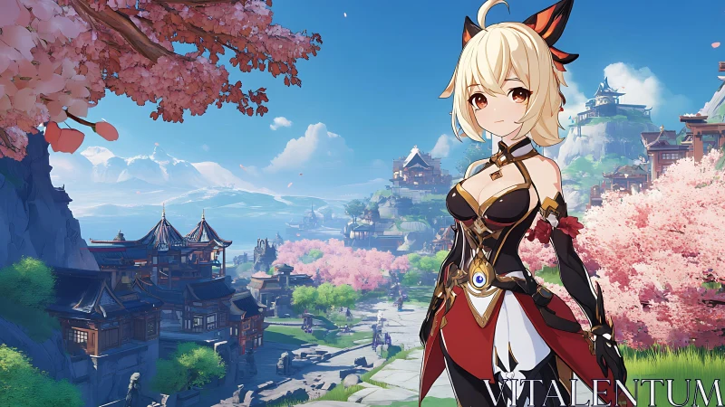 Blonde anime warrior overlooks cherry blossom mountain city.