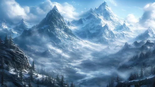 Snow covered mountain range with mist filled conifer valley.