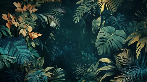 Lush tropical foliage glows against deep teal jungle shadows.