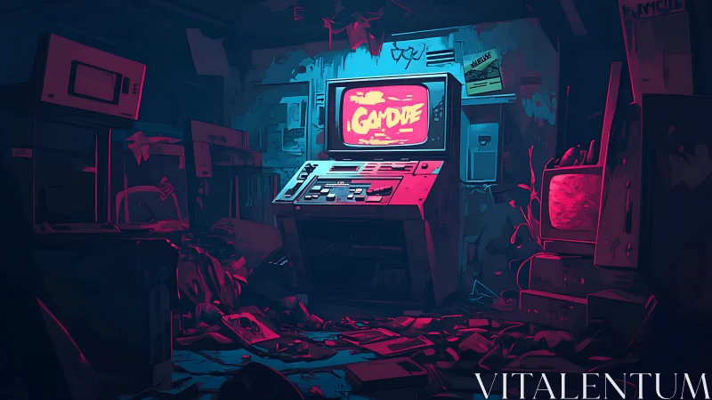 Retro control room with arcade console and cluttered gear.