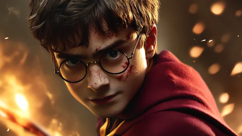 Young wizard in red cloak with wand amid fiery sparks.