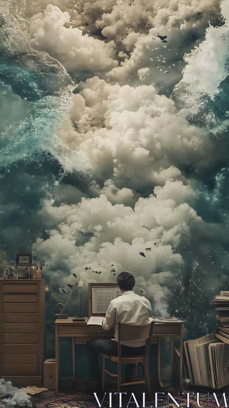 Man at desk beneath expansive cloud and ocean formation.