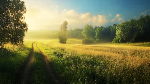 Golden meadow sunrise with receding path perspective rendering.
