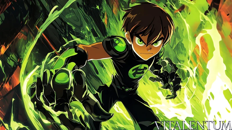 Young male figure advances through vivid green energy field