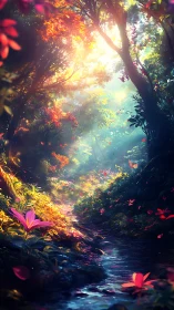 Sunlit enchanted forest path beside a sparkling stream.