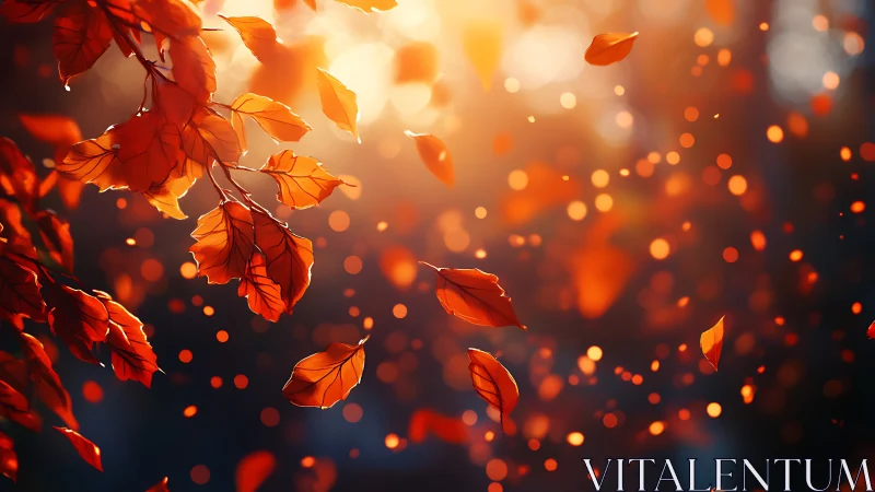 Backlit autumn leaves drift through radiant bokeh haze