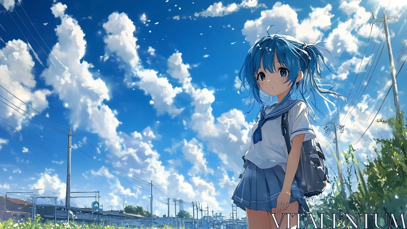 Blue haired schoolgirl wandering under a bright summer sky.