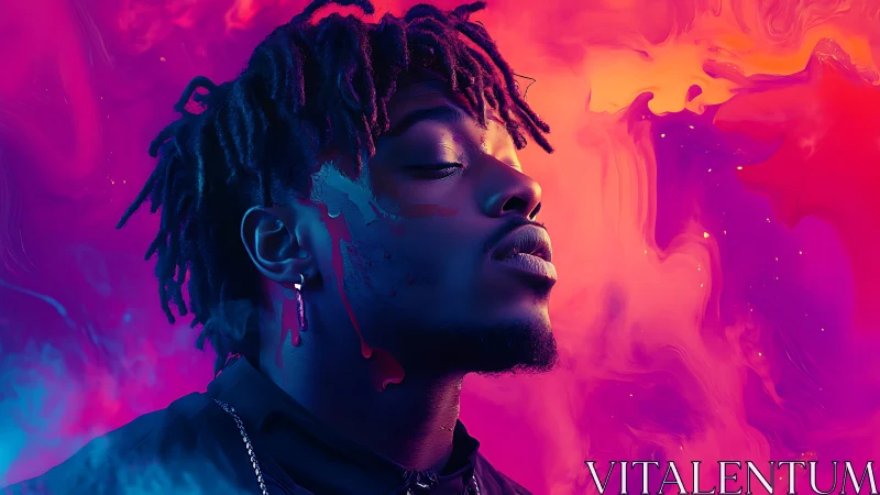 Neon-lit portrait captures serene introspection in vivid color.