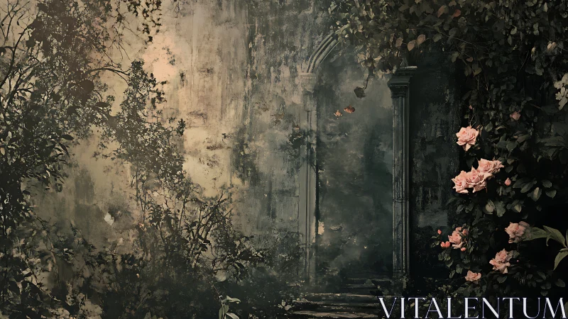 Soft pink roses framing a dreamy forgotten garden gate.