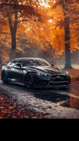 Black sports coupe on wet forest road in autumn light.