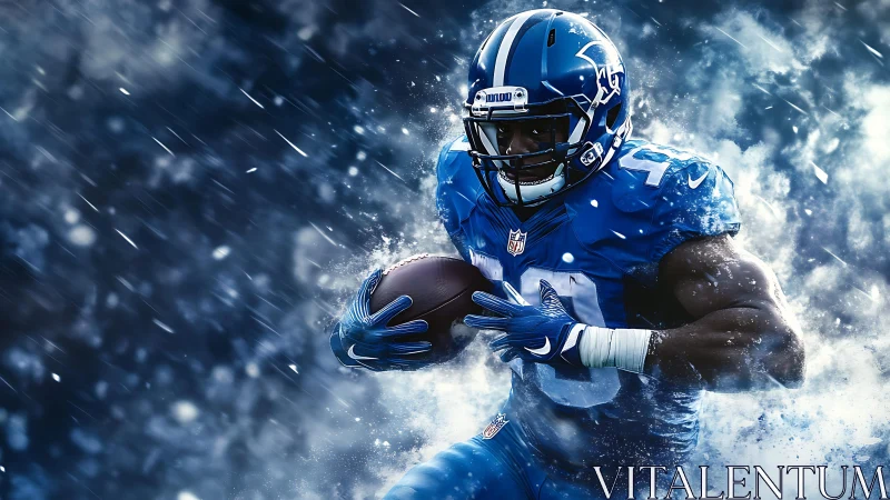 Running back in blue uniform amid dynamic particle field.
