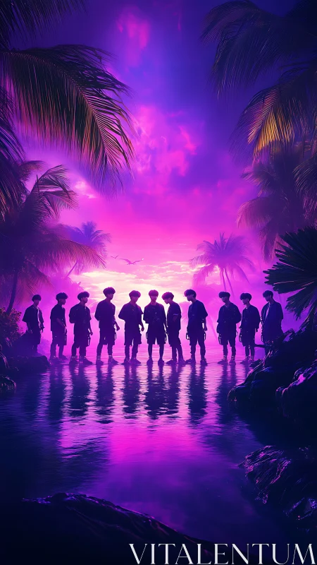 Neon dusk silhouettes beside tropical lagoon reflections.