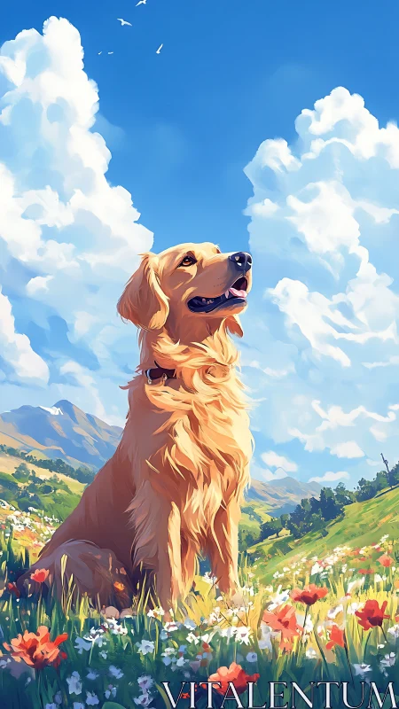 Golden retriever in sunlit wildflower mountain meadow.