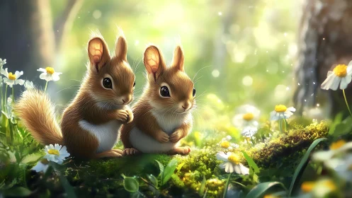 Two shy forest squirrels sharing a sunlit wildflower moment.