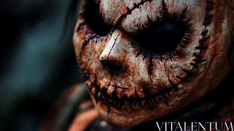 Close-up of stitched, weathered skull-like mask in shadow.