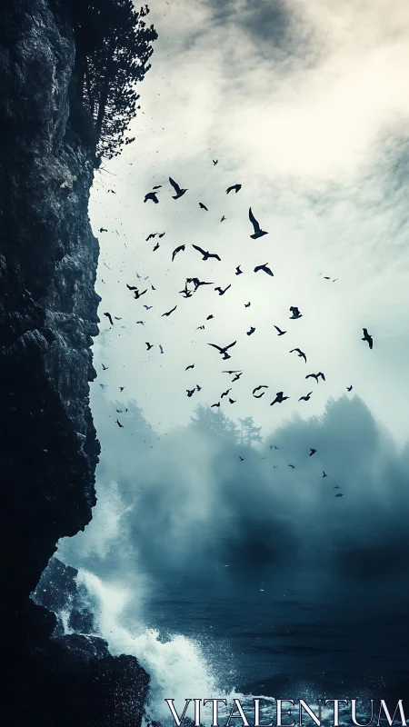 Storm-kissed cliff lets a dark flock unravel the foggy sky