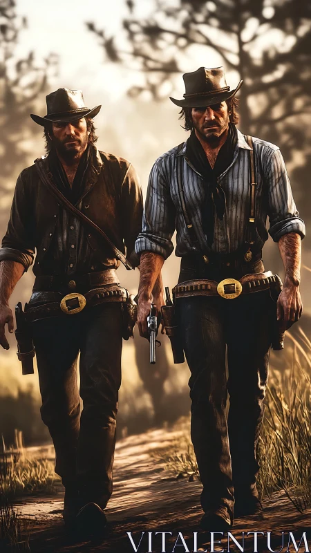 Photorealistic Western gunslingers in cinematic vertical frame.