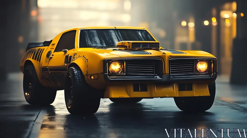 Yellow muscle car on wet street under dramatic city lights.