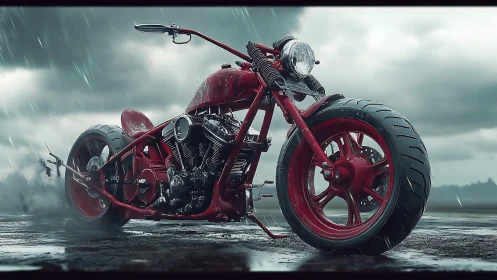 Storm-lit red custom chopper motorcycle on wet asphalt.