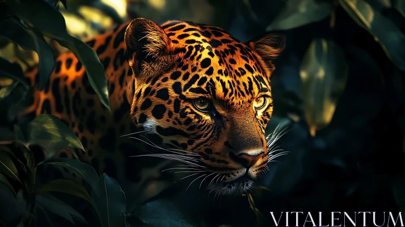 Leopard emerging from dark jungle foliage in sharp focus.