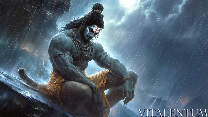 Storm-wreathed warrior sage broods beneath a restless moon.