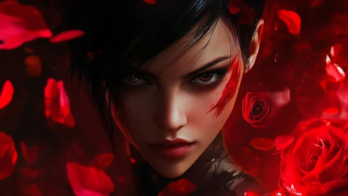 Digital portrait shows intense female face with red petals