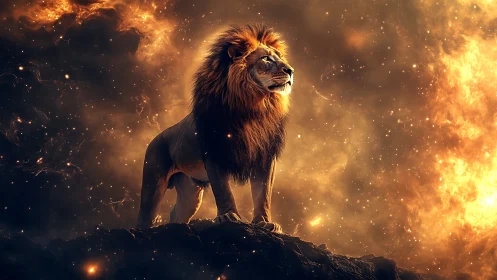 Celestial lion poised in fiery cosmic stormscape.