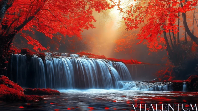 Crystalline waterfall flows beneath vivid red autumn canopy