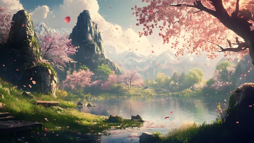 Cherry blossom winds serenade a mirrorlake mountain dawn