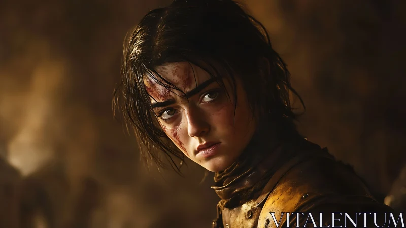 Battle-worn young warrior stares forward in dim light