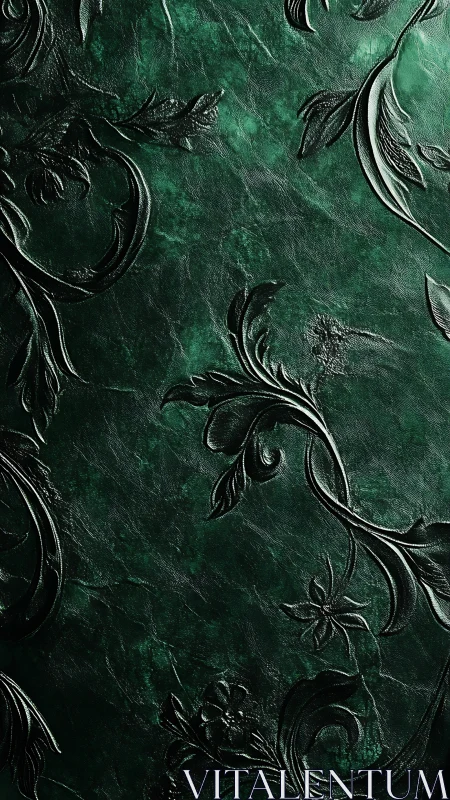 Embossed dark green floral leather surface texture pattern.