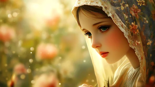 Sunlit garden girl wrapped in lace-kissed quiet wonder.