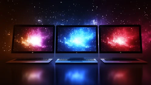 Triple computer monitors displaying colorful galaxy visuals.