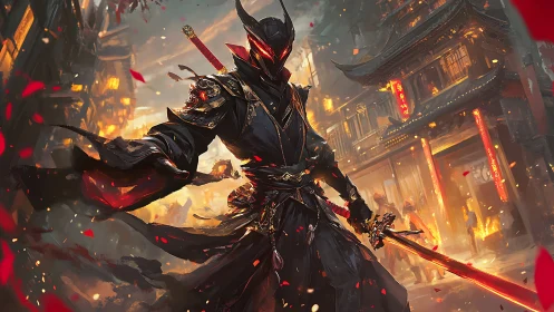 Armored dark warrior with red sword in burning street.