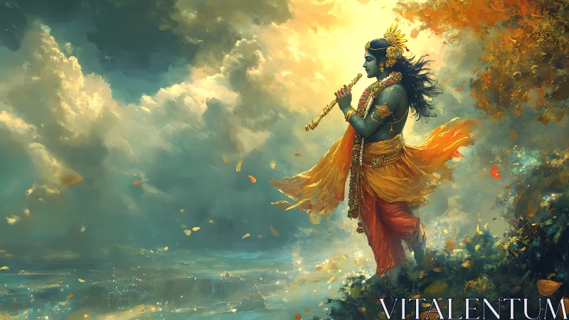 Mythic flute player over stormlit valley, spectral clouds.