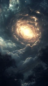 Starlit storm clouds swirling toward a gentle cosmic dawn.