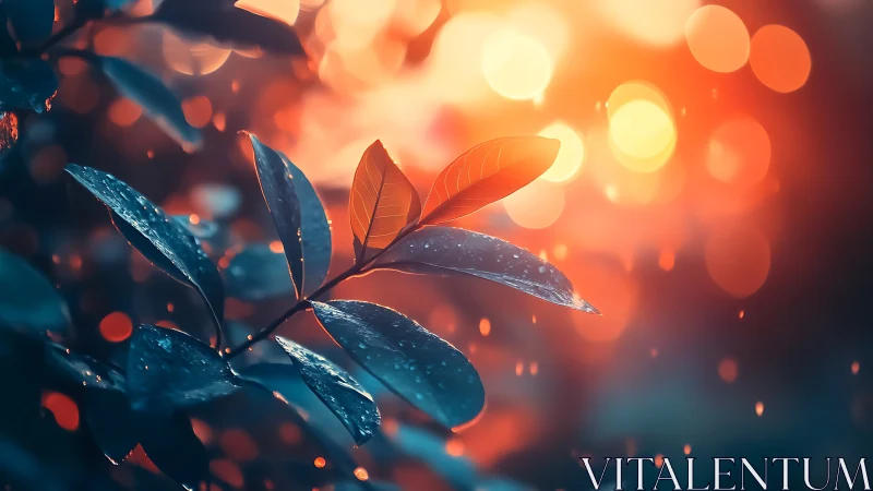 Rainlit ember leaves against dream-bright twilight bokeh.