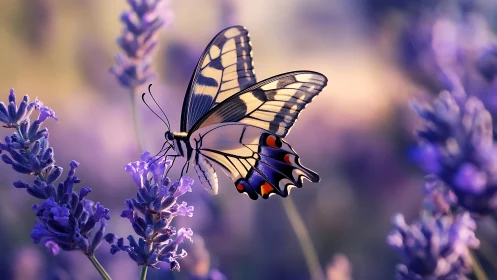 Swallowtail butterfly rests on lavender in shallow-focus bokeh
