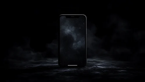 Black smartphone floats in dark space with cosmic screen.
