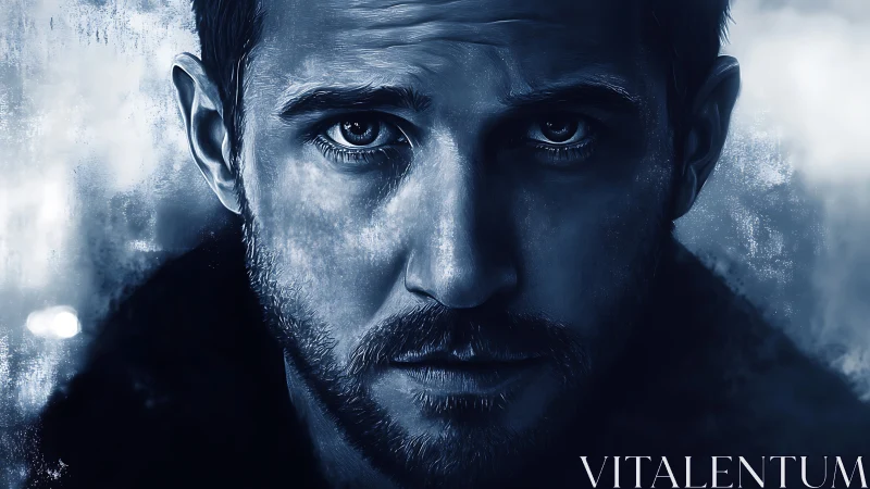 Moody blue portrait captures intense, reflective male gaze.