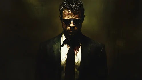 Bloody man in suit and sunglasses against dark background.