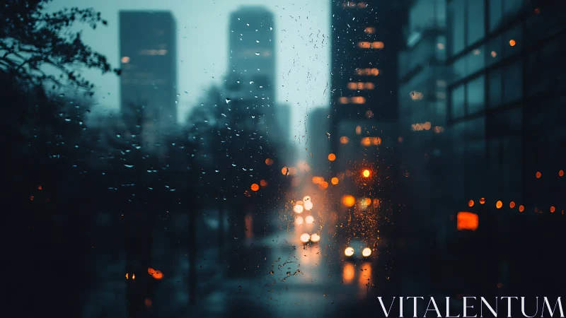 Rainy city street viewed through wet window at dusk.