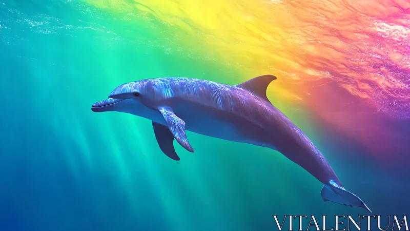 Rainbow tide rider dolphin gliding through prism seas.