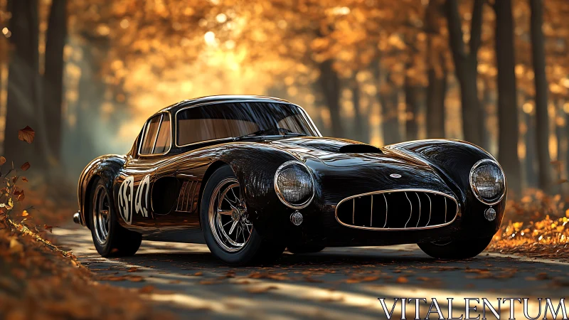 Vintage black race car gleaming on sunlit autumn road.